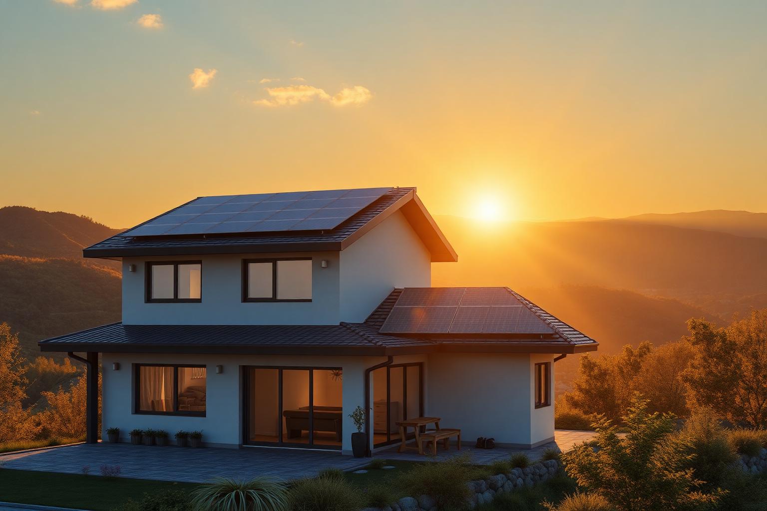 Casa com energia solar ao nascer do sol